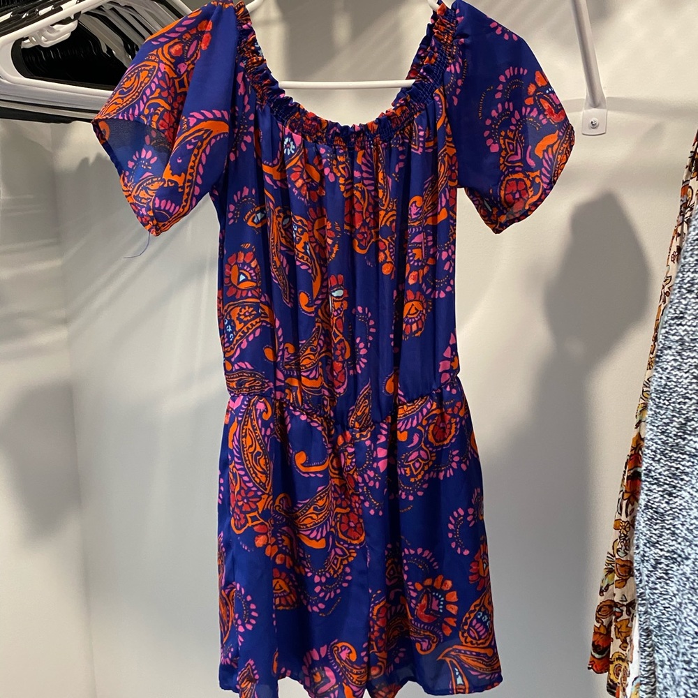 Bright print off the shoulder romper